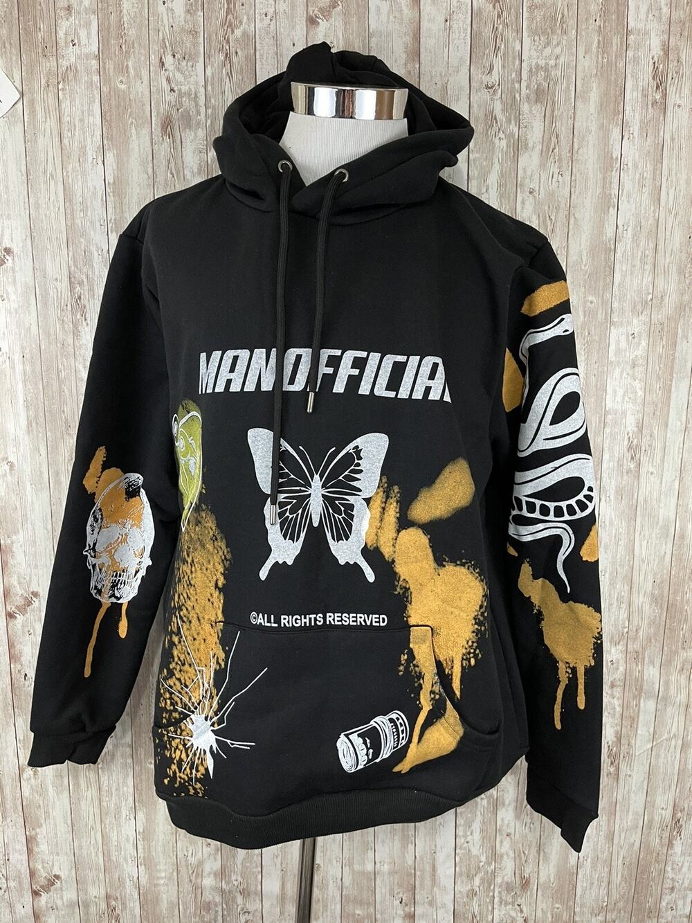 Boohoo Hoodie Mens Extra Large Black Skull Butterfly Sweatshirt Pullover N131